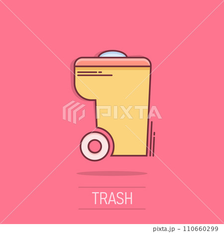 Trash bin garbage icon in comic style. Trash bucket vector cartoon illustration pictogram. Garbage basket business concept splash effect. Trash bin garbage icon in comic style. Trash bucket vector cartoon illustration pictogram. Garbage basket business concept splash effect. 110660299