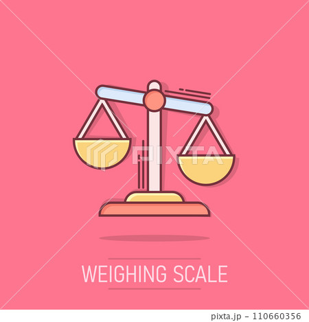 Scale comparison icon in comic style. Balance weight vector cartoon illustration pictogram. Scale compare business concept splash effect. 110660356