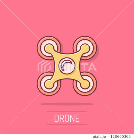 Drone quadrocopter icon in comic style. Quadcopter camera vector cartoon illustration on white isolated background. Helicopter flight business concept splash effect. 110660360