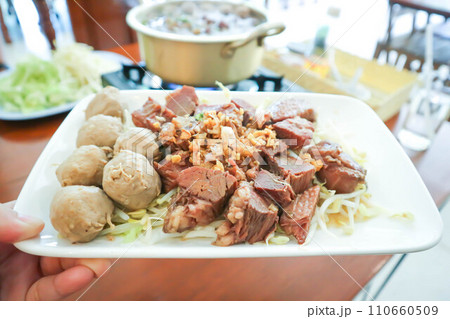 boiled beef and boiled meatball with vegetable 110660509