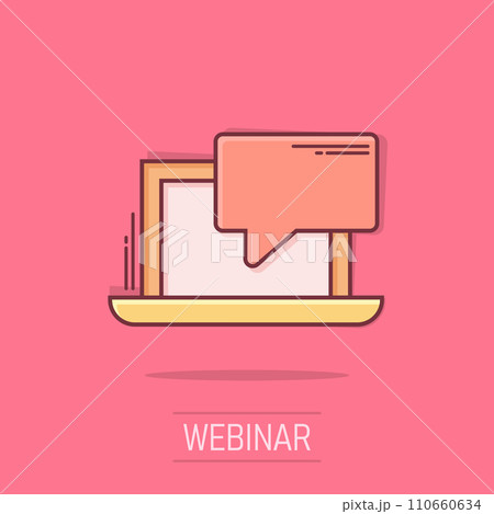 Online training process icon in comic style. Webinar seminar vector cartoon illustration pictogram. E-learning business concept splash effect. 110660634