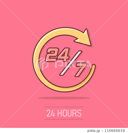 Vector cartoon twenty four hour clock icon in comic style. 24/7 service time concept illustration pictogram. Around the clock business splash effect concept. 110660639