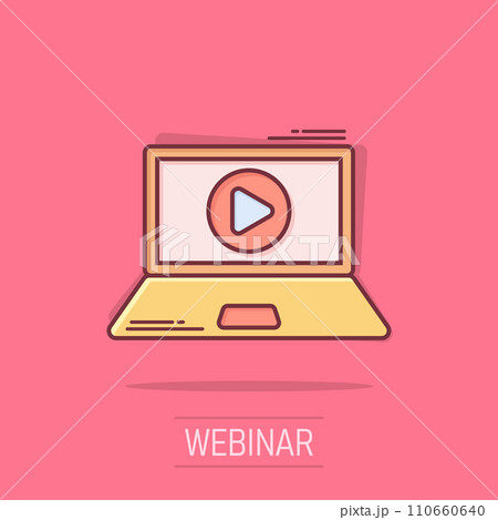 Online training process icon in comic style. Webinar seminar vector cartoon illustration pictogram. E-learning business concept splash effect. 110660640