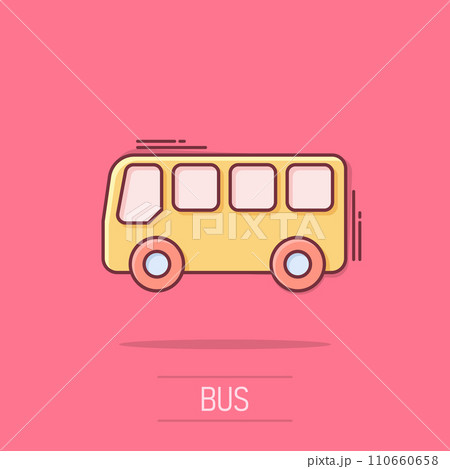 School bus icon in comic style. Autobus vector cartoon illustration on white isolated background. Coach transport business concept splash effect. 110660658