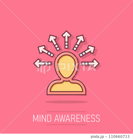 Mind awareness icon in comic style. Idea human vector cartoon illustration on white isolated background. Customer brain business concept splash effect. 110660713
