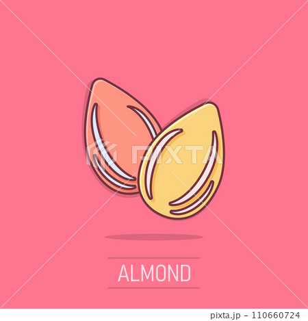 Almond icon in comic style. Bean vector cartoon illustration on white isolated background. Nut business concept splash effect. Almond icon in comic style. Bean vector cartoon illustration on white isolated background. Nut business concept splash effect. 110660724