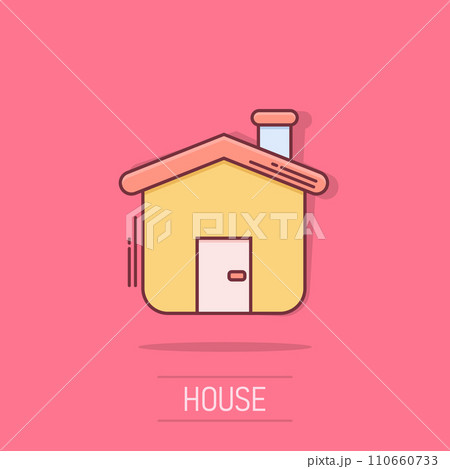 House building icon in comic style. Home apartment vector cartoon illustration pictogram. House dwelling business concept splash effect. House building icon in comic style. Home apartment vector cartoon illustration pictogram. House dwelling business concept splash effect. 110660733