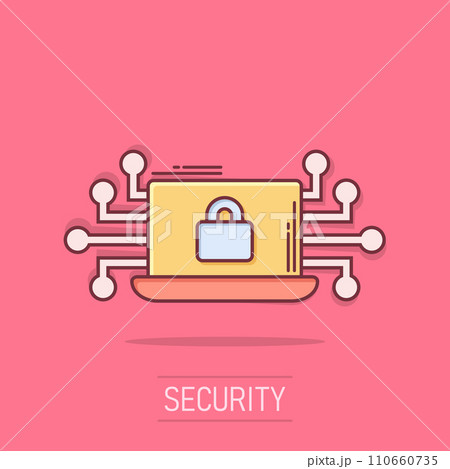 Cyber security icon in comic style. Padlock locked vector cartoon illustration on white isolated background. Laptop business concept splash effect. 110660735