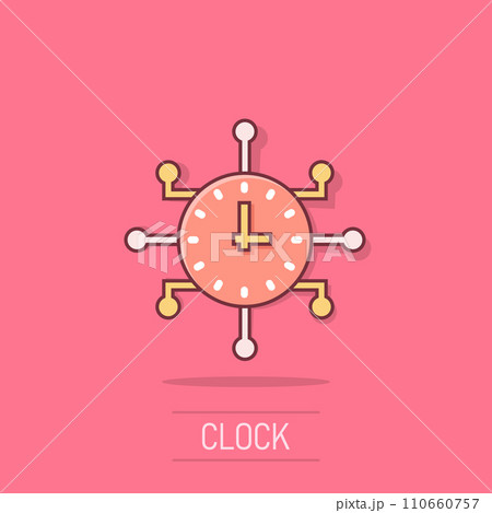 Real time icon in comic style. Clock vector cartoon illustration on white isolated background. Watch business concept splash effect. Real time icon in comic style. Clock vector cartoon illustration on white isolated background. Watch business concept splash effect. 110660757