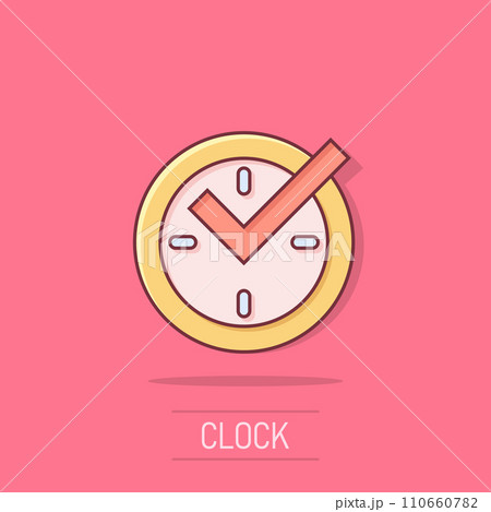Real time icon in comic style. Clock vector cartoon illustration on white isolated background. Watch business concept splash effect. 110660782