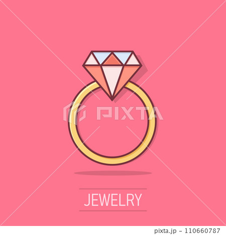 Vector cartoon engagement ring with diamond icon in comic style. Wedding jewelery ring illustration pictogram. Romance relationship business splash effect concept. 110660787