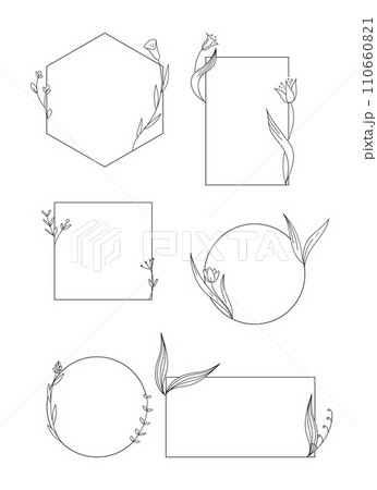 Set of elegant templates with hand drawn botanical elements. Different geometric shaped frames with flowers. Vector illustration 110660821