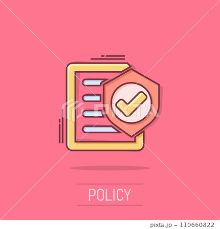 Insurance policy icon in comic style. Report vector cartoon illustration on white isolated background. Document business concept splash effect. 110660822
