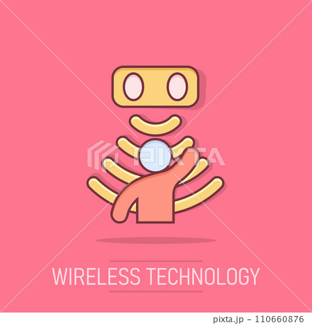 Motion sensor icon in comic style. Sensor waves with man vector cartoon illustration pictogram. People security connection business concept splash effect. Motion sensor icon in comic style. Sensor waves with man vector cartoon illustration pictogram. People security connection business concept splash effect. 110660876