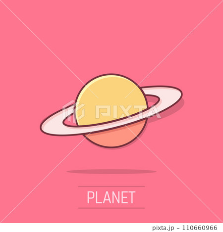 Saturn icon in comic style. Planet vector cartoon illustration on white isolated background. Galaxy space business concept splash effect. 110660966