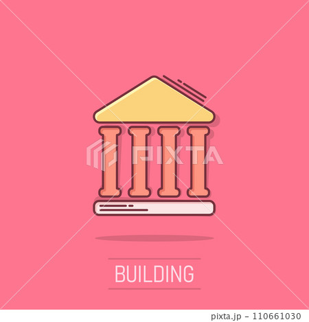 Bank building icon in comic style. Government architecture vector cartoon illustration pictogram. Museum exterior business concept splash effect. Bank building icon in comic style. Government architecture vector cartoon illustration pictogram. Museum exterior business concept splash effect. 110661030
