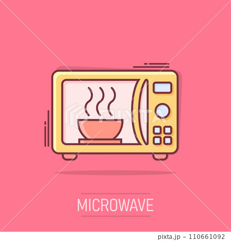 Vector cartoon microwave icon in comic style. Microwave oven sign illustration pictogram. Stove business splash effect concept. 110661092