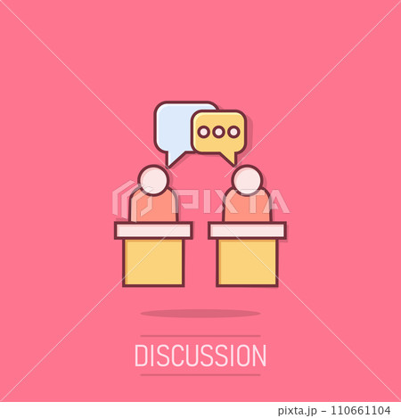 Politic debate icon in comic style. Presidential debates vector cartoon illustration pictogram. Businessman discussion business concept splash effect. 110661104