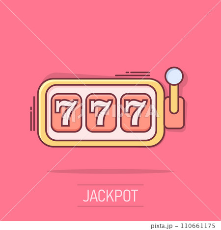 Vector cartoon casino slot machine icon in comic style. 777 jackpot sign illustration pictogram. Casino winner business splash effect concept. 110661175