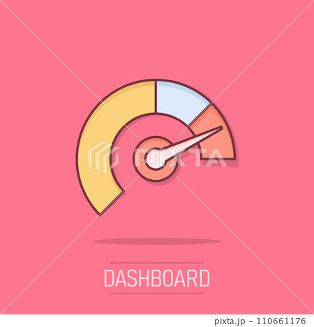 Meter dashboard icon in comic style. Credit score indicator level vector cartoon illustration pictogram. Gauges with measure scale business concept splash effect. 110661176