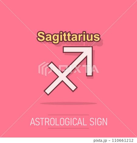 Vector cartoon sagittarius zodiac icon in comic style. Astrology sign illustration pictogram. Sagittarius horoscope business splash effect concept. Vector cartoon sagittarius zodiac icon in comic style. Astrology sign illustration pictogram. Sagittarius horoscope business splash effect concept. 110661212