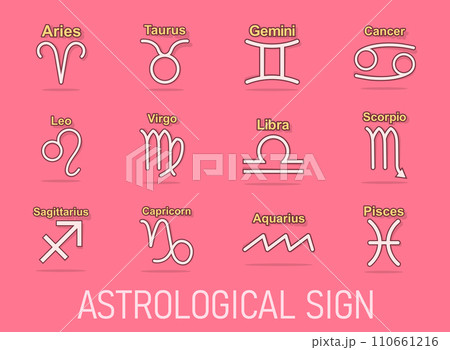 Vector cartoon zodiac icon set in comic style. Astrology signs illustration pictogram. Astrological horoscope business splash effect concept. 110661216