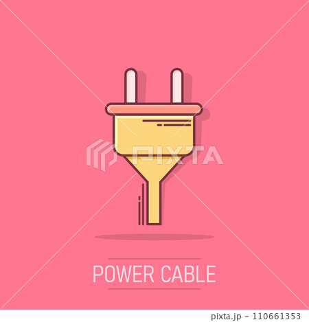 Vector cartoon electric plug icon in comic style. Power wire cable sign illustration pictogram. Wire business splash effect concept. 110661353