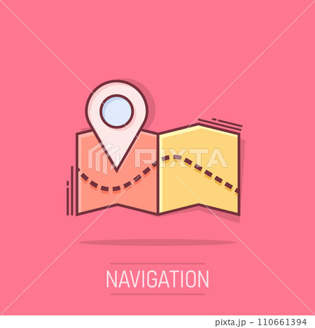 Vector cartoon pin on the map icon in comic style. Map gps sign illustration pictogram. Navigation business splash effect concept. 110661394