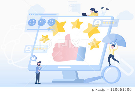Customer review and gives 5 star rating satisfaction with the product or service. Feedback, review, positive thinking, comment, loyalty program, experience. Flat vector design illustration. 110661506