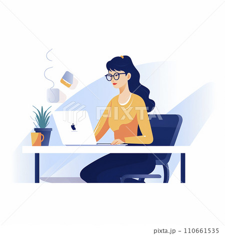 Flat illustration. A girl sits at a table in the office with a laptop. Happy girl doing work. Flat illustration. A girl sits at a table in the office with a laptop. Happy girl doing work. 110661535