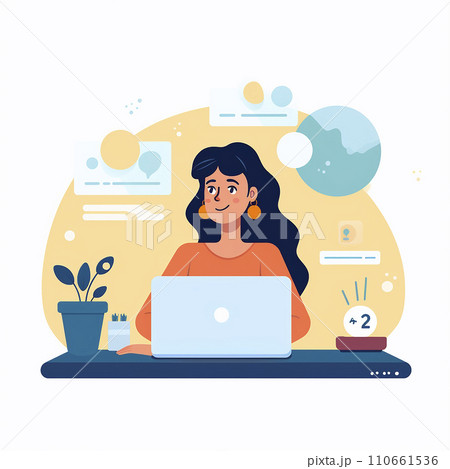 Flat illustration. A girl sits at a table in the office with a laptop. Happy girl doing work. 110661536