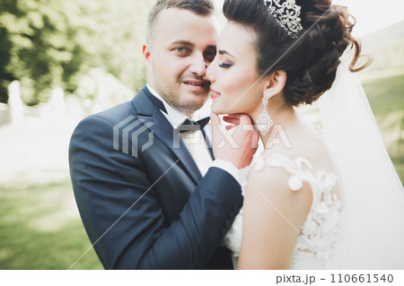 Romantic, fairytale, happy newlywed couple hugging and kissing in a park, trees in background 110661540