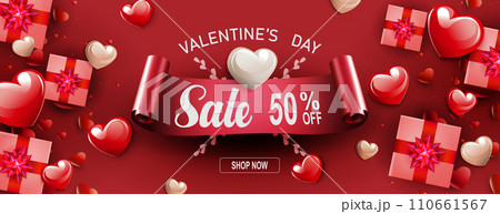 Valentine's Day sale poster, silhouettes of hearts and gift boxes 110661567