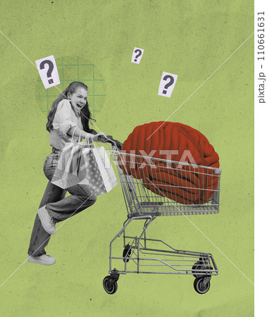 Advertisement for personal finance app that helps manage impulsive spending and budgeting. Girl pushing shopping cart with large brain inside, surrounded by question marks 110661631
