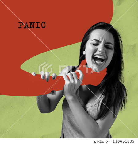 Healthcare campaign promoting importance of recognizing and responding to anxiety disorders. Woman tearing red hand shape from her mouth with panic word Healthcare campaign promoting importance of recognizing and responding to anxiety disorders. Woman tearing red hand shape from her mouth with panic word 110661635