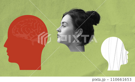 Philosophy of mind, complexity of human thoughts. Female head and two head silhouettes symbolizing spectrum of mental health conditions Philosophy of mind, complexity of human thoughts. Female head and two head silhouettes symbolizing spectrum of mental health conditions 110661653