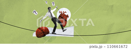 Balance of mind and heart. Young man connected to heart and brain balancing on rope. Intellect and emotions, brain and heart. Thoughtful decision-making. Balance of mind and heart. Young man connected to heart and brain balancing on rope. Intellect and emotions, brain and heart. Thoughtful decision-making. 110661672