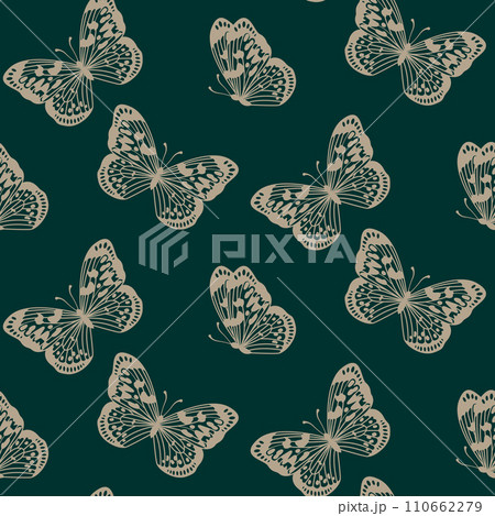 Seamless vector monarch butterflies pattern for wallpaper and gift paper. Gold Butterfly on emerald green background print. Fashionable insect retro background for fabric, textile, design, banner 110662279