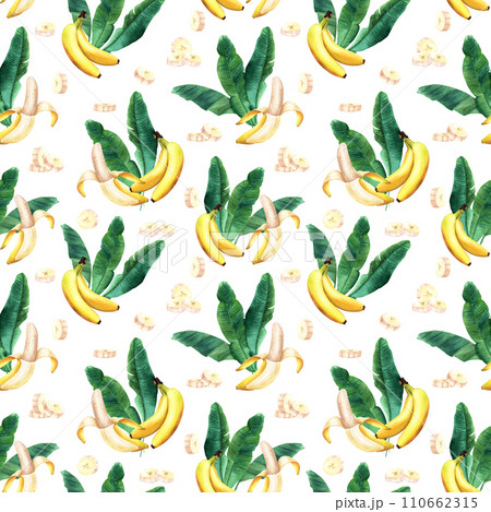 Watercolor seamless pattern with banana tree leaves and edible peeled sliced yellow fruit banana. Hand drawn illustration isolated on white background. For wrapping wallpaper fabric textile. 110662315