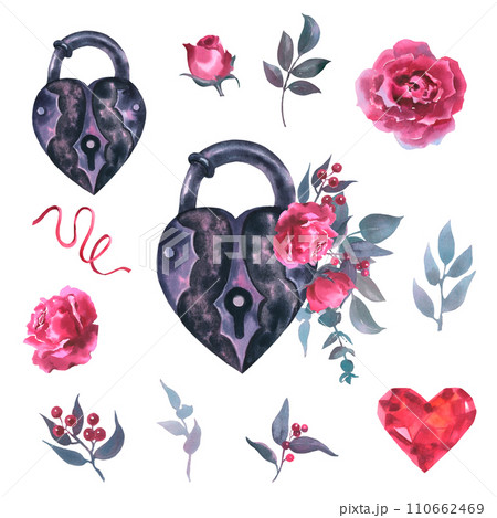 Watercolor illustration of a lock with viva mangenta roses, buds, leaves, eucalyptus,and red berries in vintage style. Cool print on T-shirt, Tattoo, vintage, Valentine day, wedding. Watercolor illustration of a lock with viva mangenta roses, buds, leaves, eucalyptus,and red berries in vintage style. Cool print on T-shirt, Tattoo, vintage, Valentine day, wedding. 110662469