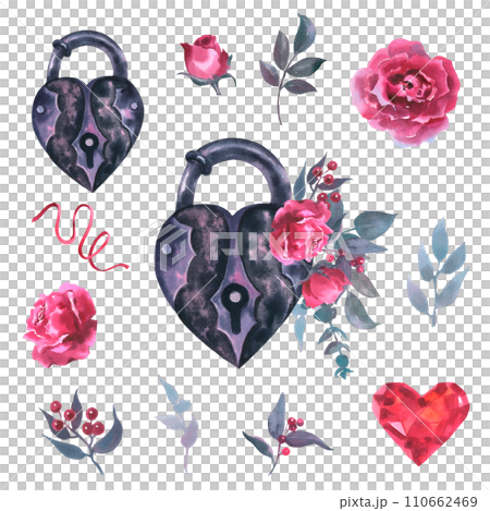 Watercolor illustration of a lock with viva mangenta roses, buds, leaves, eucalyptus,and red berries in vintage style. Cool print on T-shirt, Tattoo, vintage, Valentine day, wedding. Watercolor illustration of a lock with viva mangenta roses, buds, leaves, eucalyptus,and red berries in vintage style. Cool print on T-shirt, Tattoo, vintage, Valentine day, wedding. 110662469