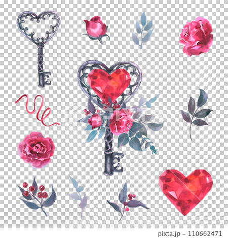Set watercolor illustration with old vintage key heart shaped, heart diamond crystal and roses and other flowers, isolated on white background. Cool print on T-shirt, vintage, Valentine day, wedding 110662471