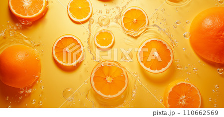 AI-generated content. Pattern of fresh orange slices on a yellow background with splashes. Concept of summer, antioxidant snack and Vitamin C. Flat lay 110662569
