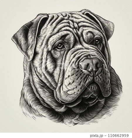 Shar Pei, engraving style, close-up portrait, black and white drawing, cute dog, favorite pet Shar Pei, engraving style, close-up portrait, black and white drawing, cute dog, favorite pet 110662959