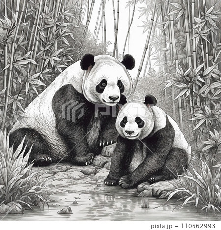 Panda, Ailuropoda melanoleuca, Chinese bamboo bear, cute animal, black and white drawing, portrait, engraving style 110662993