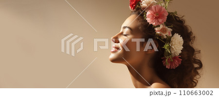 Young smiling woman with flowers on beige background. AI generated. 110663002