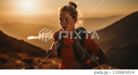 A female runner in the mountains at sunset. AI generation. A female runner in the mountains at sunset. AI generation. 110663014