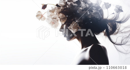 Female portrait with flowers. AI generated. 110663018