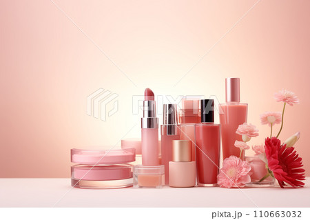 Cosmetic products on a pink background. AI generated. 110663032