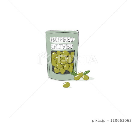 Buffet olives in a package. Isolated vector illustration on a white background. Green olives. Buffet olives in a package. Isolated vector illustration on a white background. Green olives. 110663062